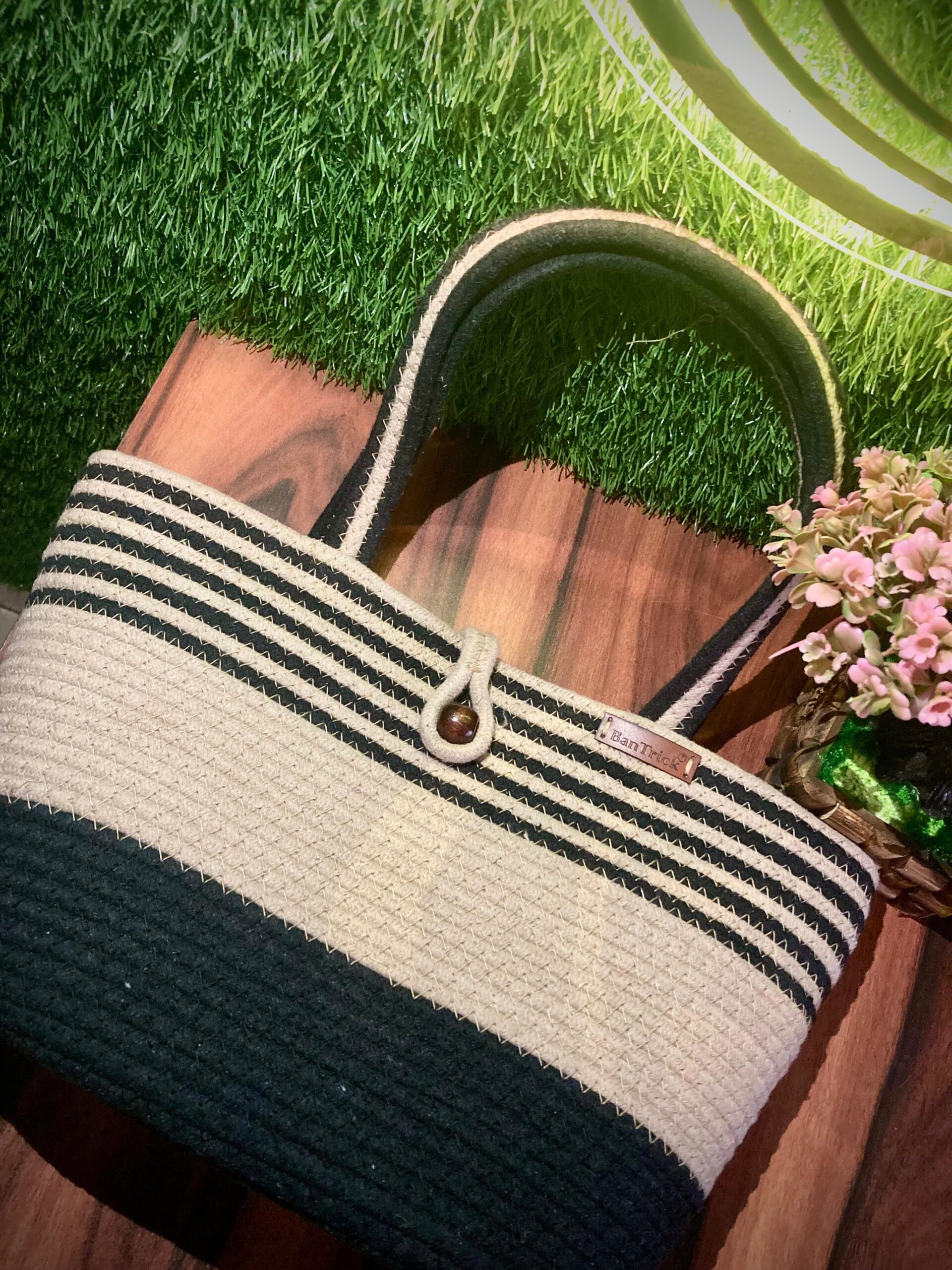 Beige & Black Earth Tote - Sustainable Jute - Image 4