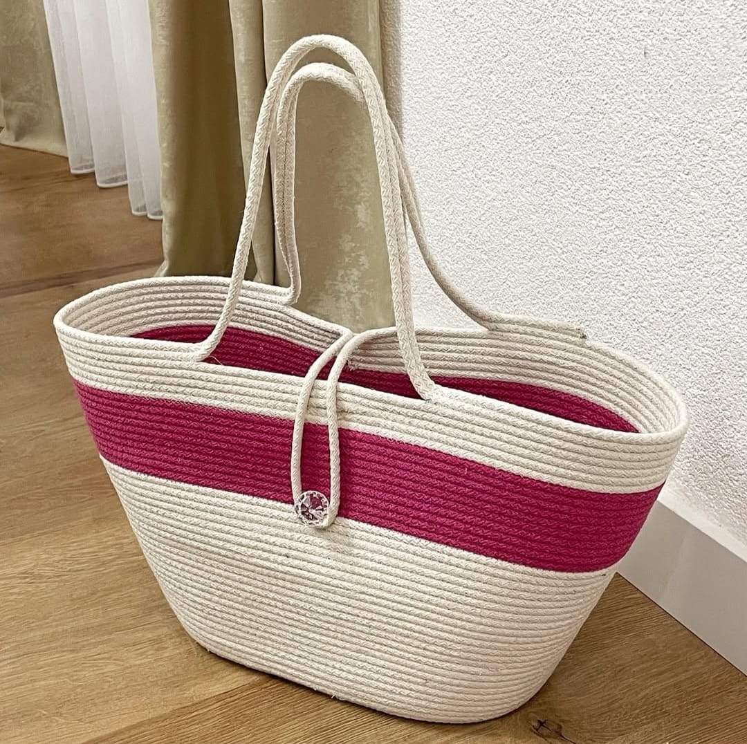 Cotton Rope/ Jute /Small Dry grass/Natural Cane/Chic Dry Grass Bag/Cotton Rope Woven Bag For Women Vibrant Cotton Rope Handbag Chic Large Tote For Women,Stylish Carryall & Shoulder White-Red-White Bag