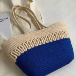 Cotton Rope/ Jute /Small Dry grass/Natural Cane/Chic Dry Grass Bag/Cotton Rope Woven Bag For Women Vibrant Cotton Rope Handbag Chic Large Tote For Women,Stylish Carryall & Shoulder Beige-Blue Payl Bag
