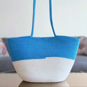 Cotton Rope/ Jute /Small Dry grass/Natural Cane/Chic Dry Grass Bag/Cotton Rope Woven Bag For Women Vibrant Cotton Rope Handbag Chic Large Tote For Women,Stylish Carryall & Shoulder Blue-White Bag