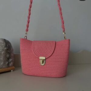 Cotton Rope/ Jute /Small Dry grass/Natural Cane/Chic Dry Grass Bag/Cotton Rope Woven Bag For Women Vibrant Cotton Rope Handbag Chic Large Tote For Women,Stylish Carryall & Shoulder Pink +Golden-Button Bag